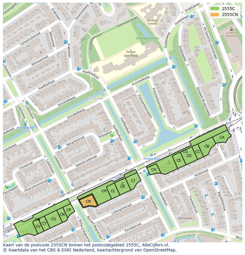 Afbeelding van het postcodegebied 2555 CN op de kaart.