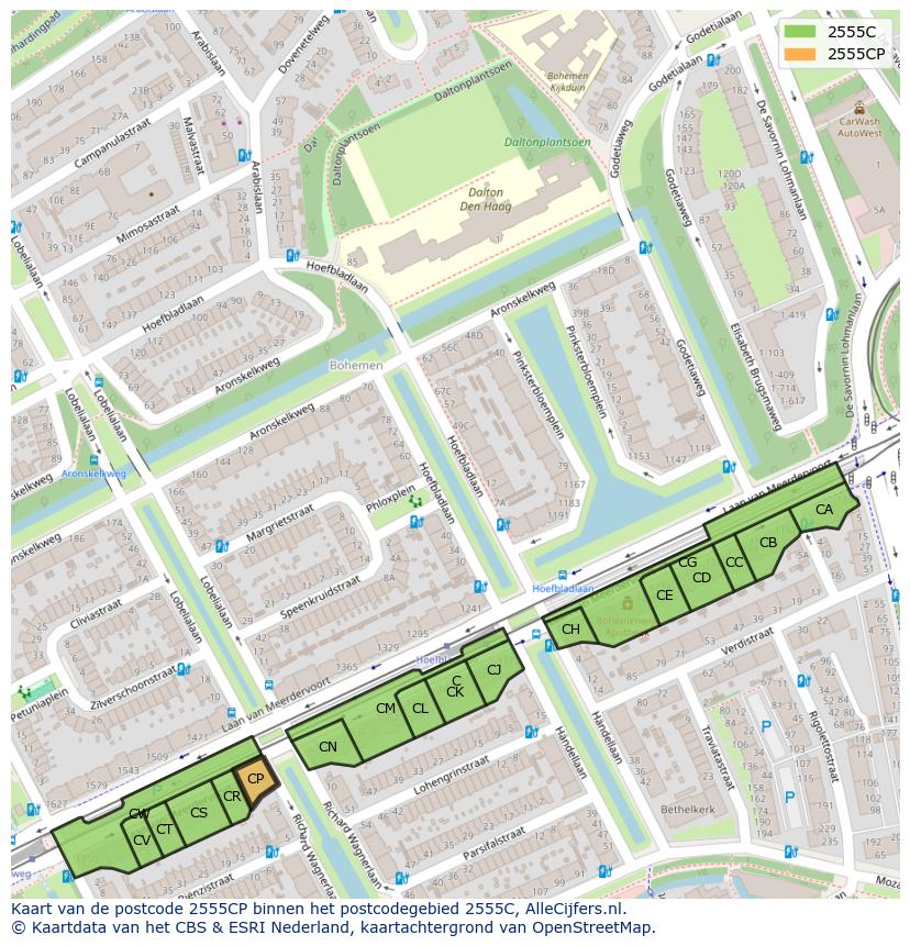 Afbeelding van het postcodegebied 2555 CP op de kaart.
