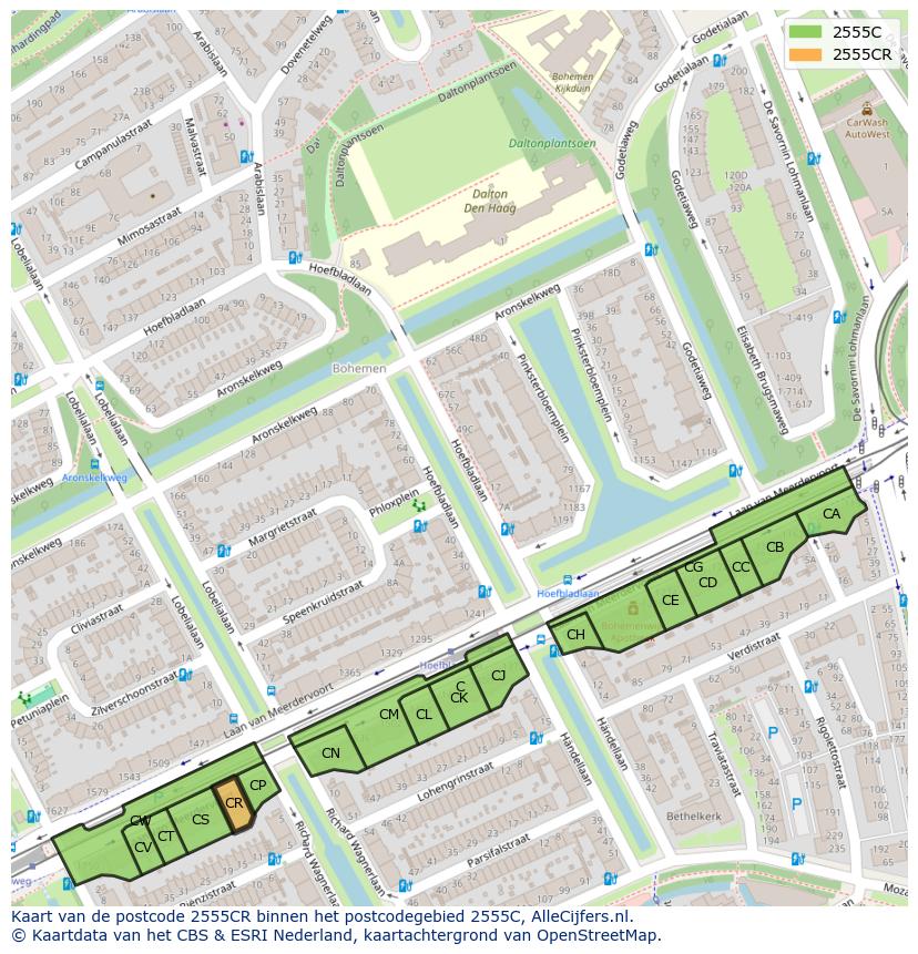 Afbeelding van het postcodegebied 2555 CR op de kaart.