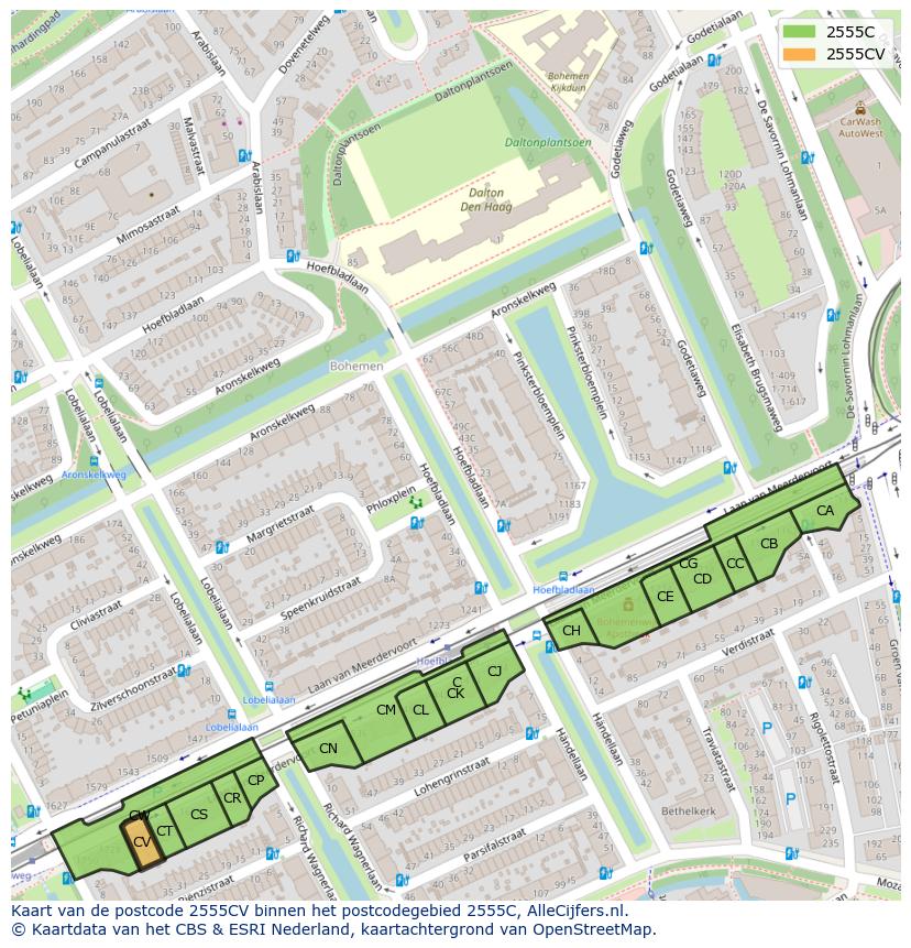 Afbeelding van het postcodegebied 2555 CV op de kaart.