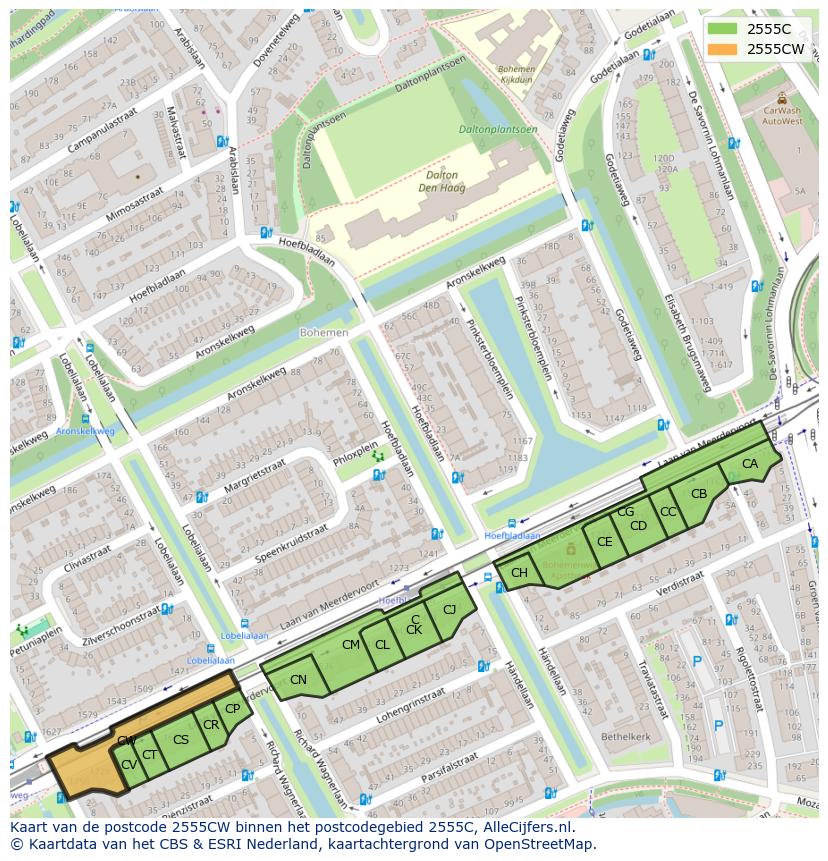 Afbeelding van het postcodegebied 2555 CW op de kaart.