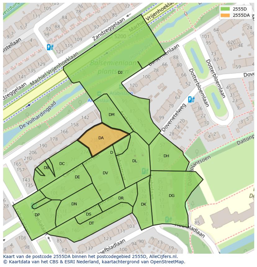 Afbeelding van het postcodegebied 2555 DA op de kaart.