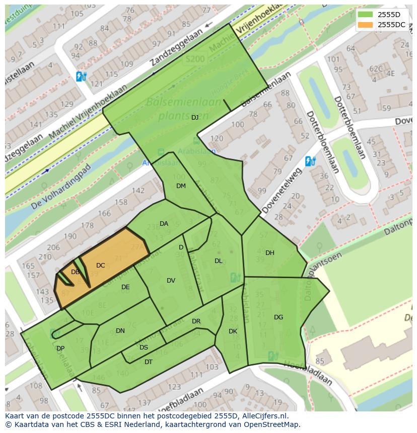 Afbeelding van het postcodegebied 2555 DC op de kaart.