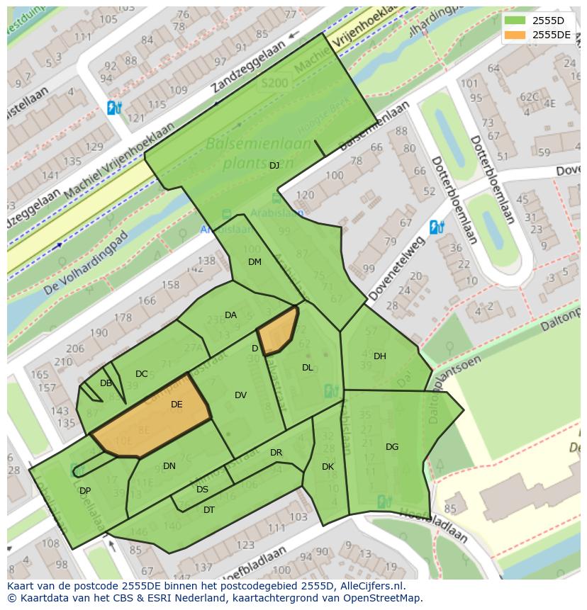Afbeelding van het postcodegebied 2555 DE op de kaart.