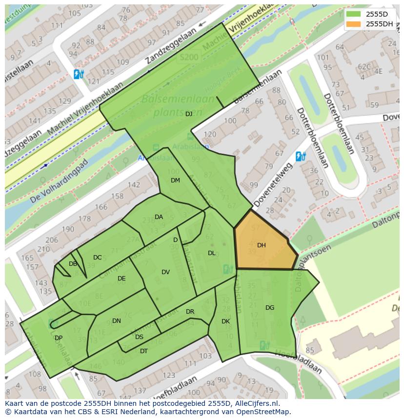 Afbeelding van het postcodegebied 2555 DH op de kaart.