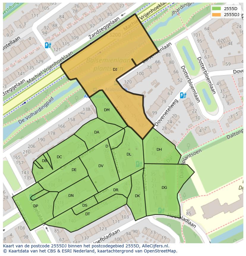 Afbeelding van het postcodegebied 2555 DJ op de kaart.