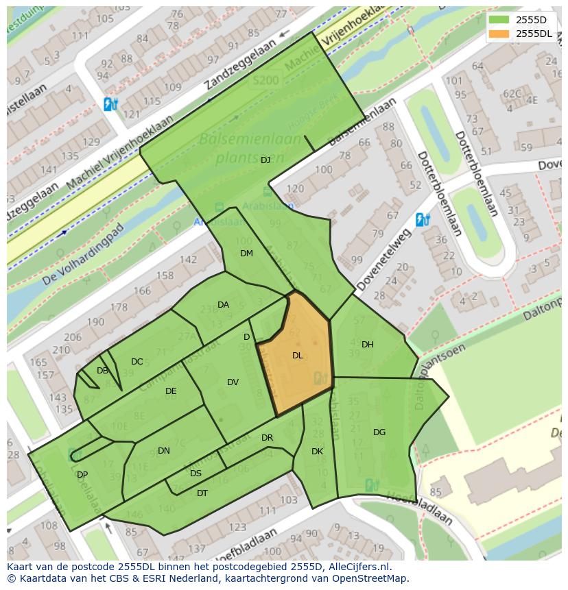 Afbeelding van het postcodegebied 2555 DL op de kaart.