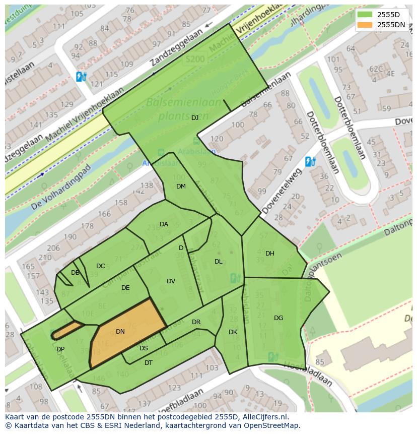 Afbeelding van het postcodegebied 2555 DN op de kaart.
