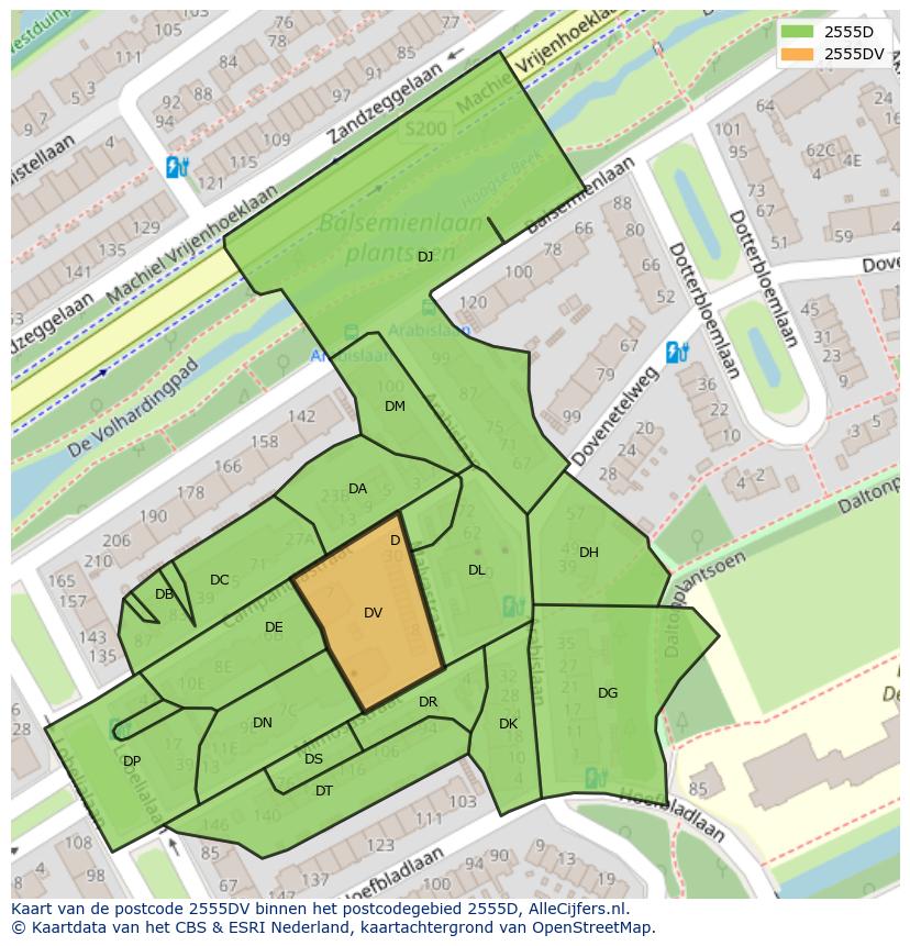 Afbeelding van het postcodegebied 2555 DV op de kaart.