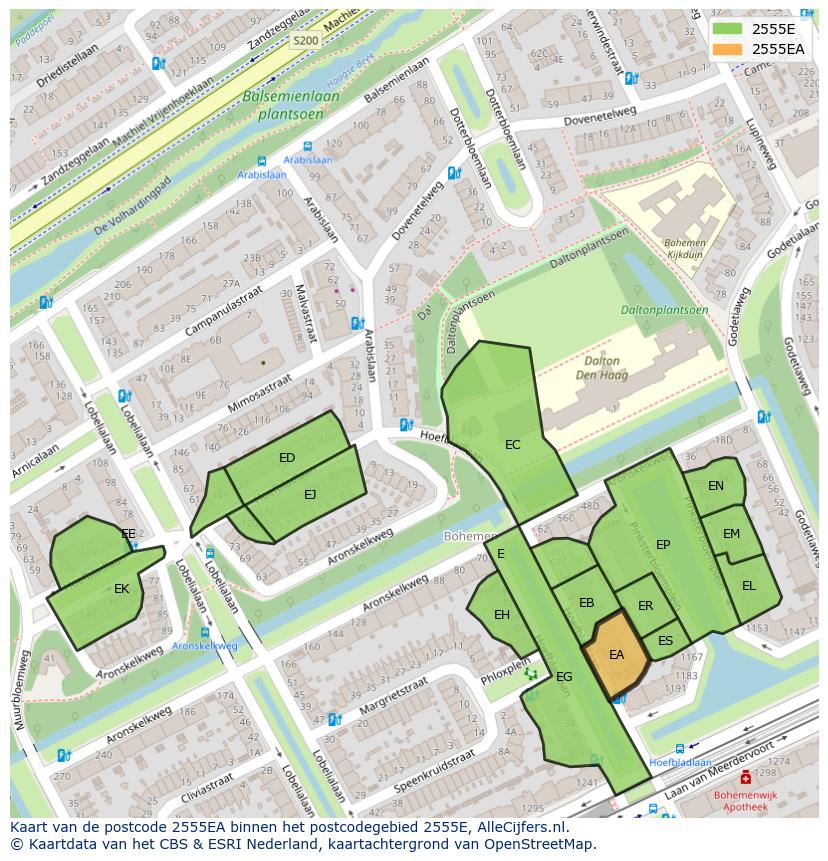 Afbeelding van het postcodegebied 2555 EA op de kaart.