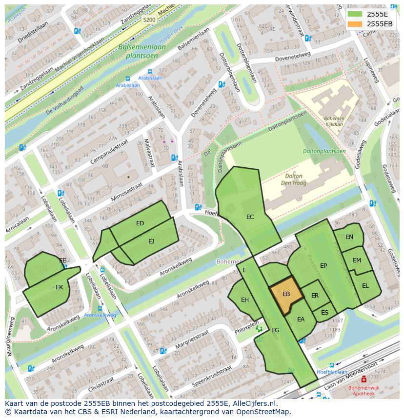 Afbeelding van het postcodegebied 2555 EB op de kaart.