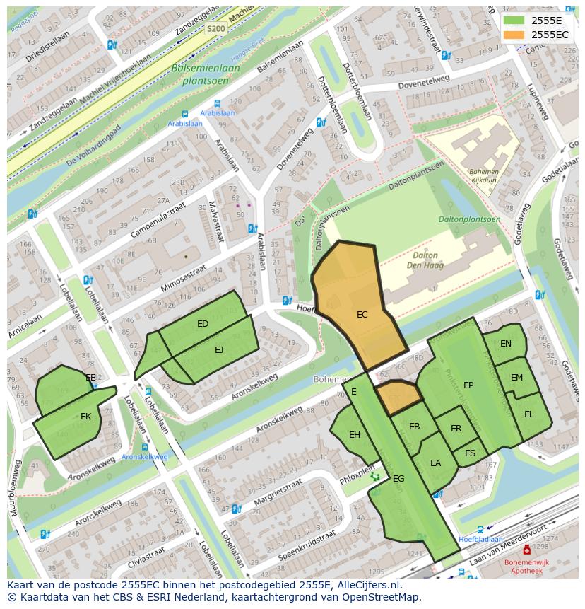 Afbeelding van het postcodegebied 2555 EC op de kaart.