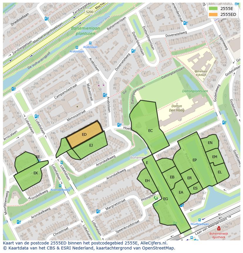 Afbeelding van het postcodegebied 2555 ED op de kaart.