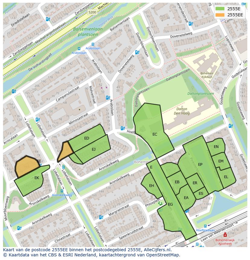 Afbeelding van het postcodegebied 2555 EE op de kaart.