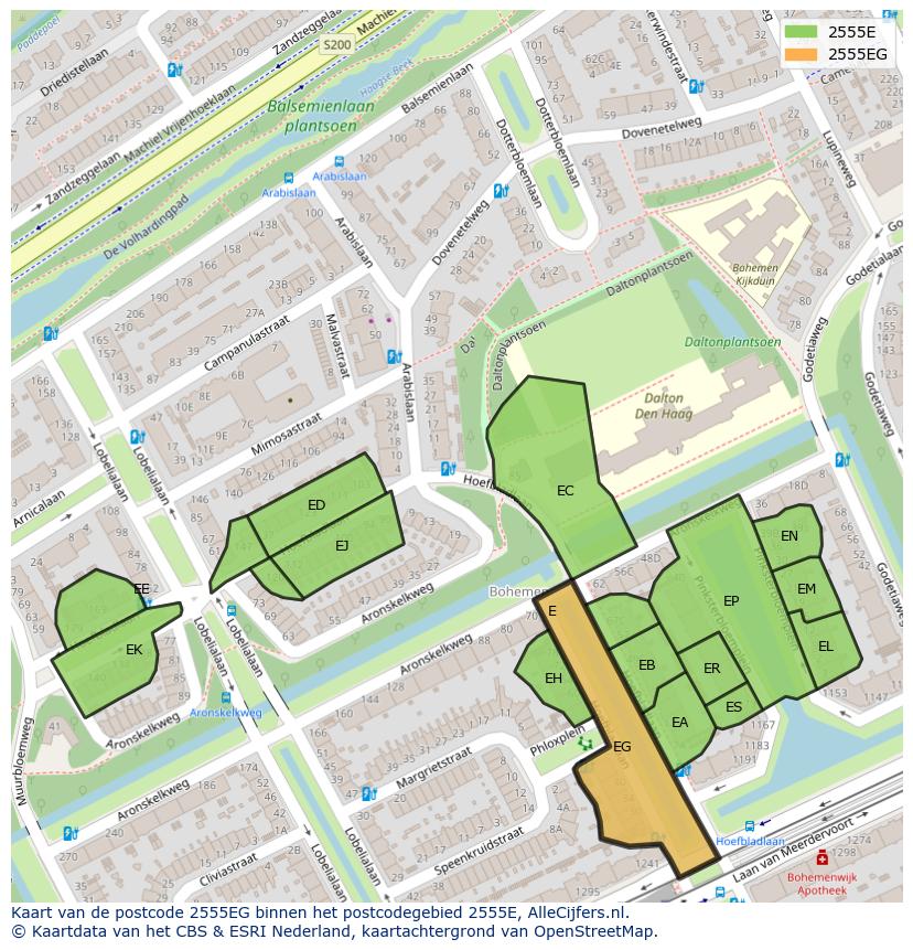 Afbeelding van het postcodegebied 2555 EG op de kaart.