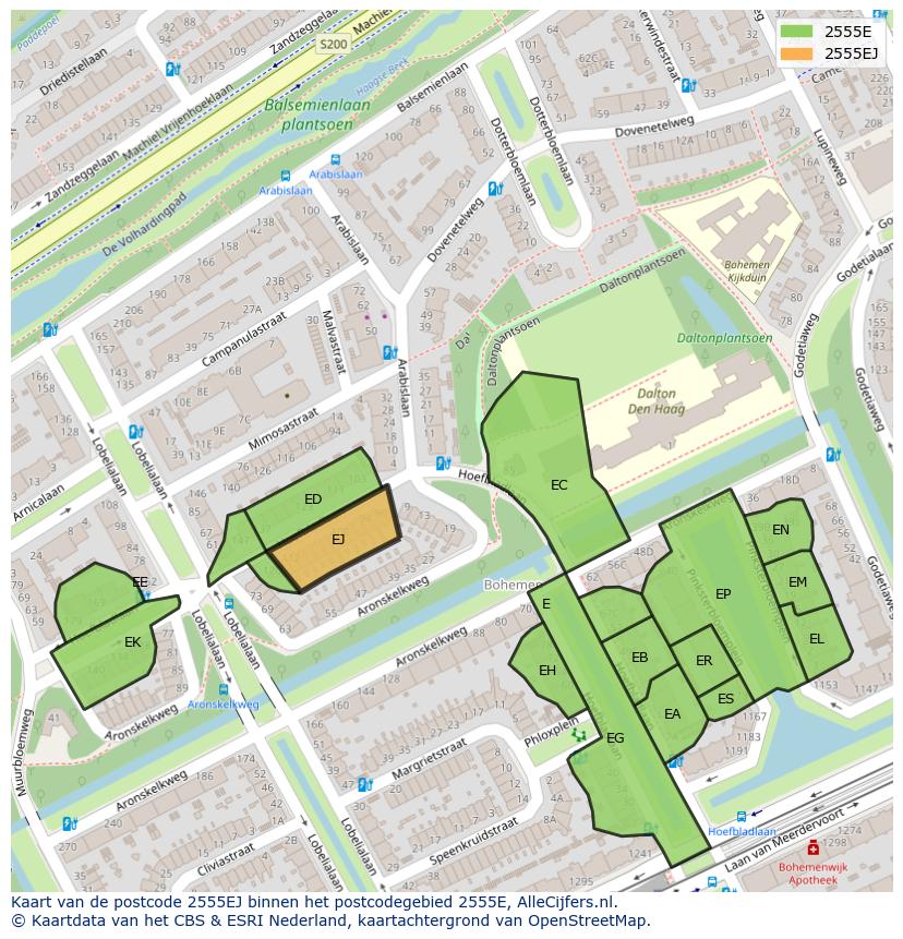 Afbeelding van het postcodegebied 2555 EJ op de kaart.