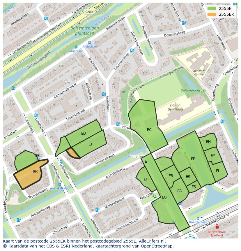 Afbeelding van het postcodegebied 2555 EK op de kaart.