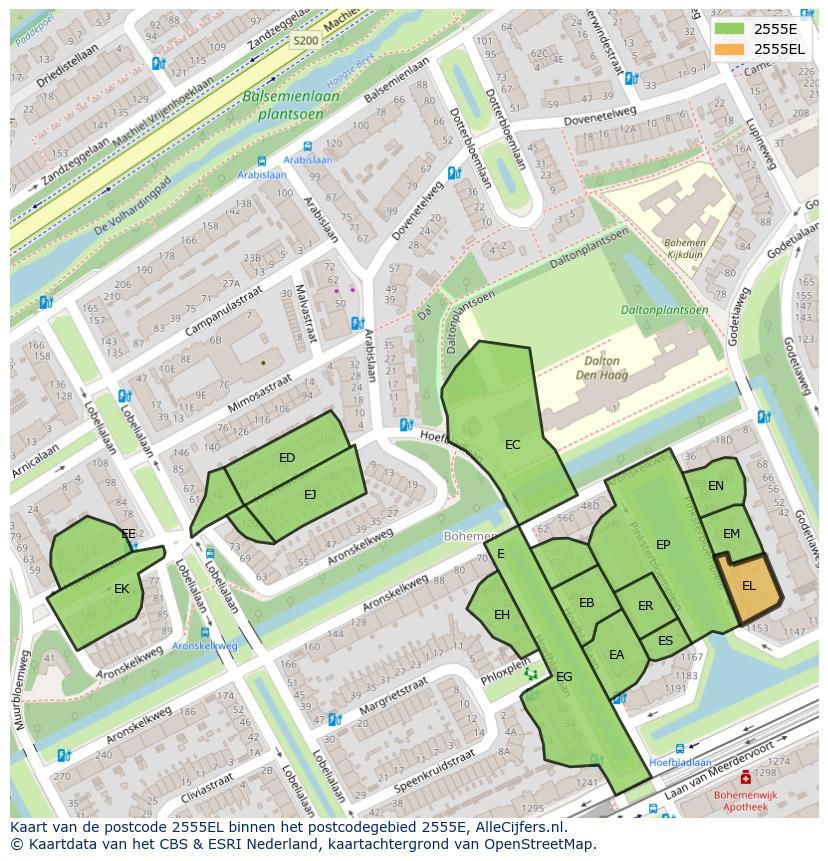 Afbeelding van het postcodegebied 2555 EL op de kaart.