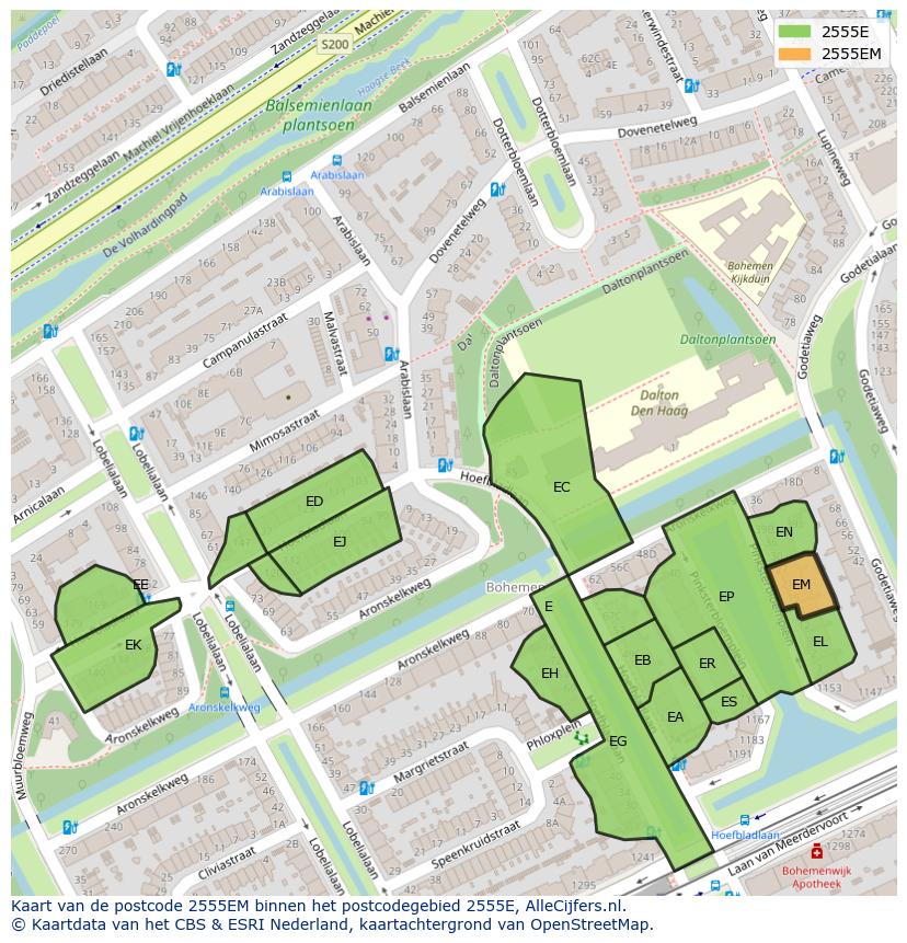 Afbeelding van het postcodegebied 2555 EM op de kaart.