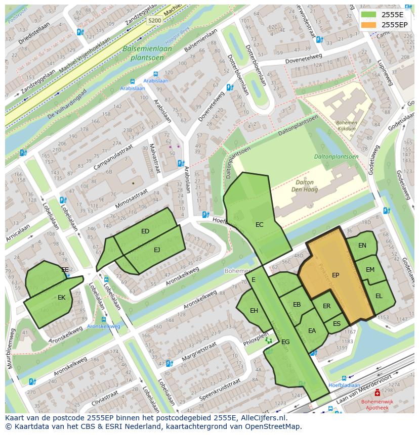 Afbeelding van het postcodegebied 2555 EP op de kaart.
