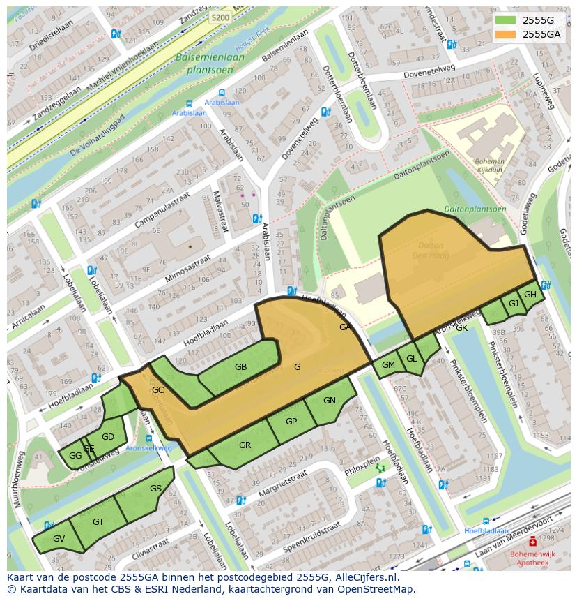 Afbeelding van het postcodegebied 2555 GA op de kaart.