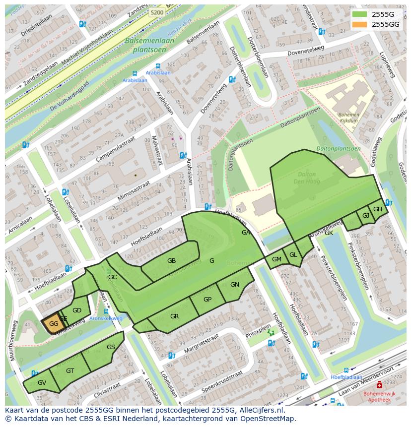 Afbeelding van het postcodegebied 2555 GG op de kaart.