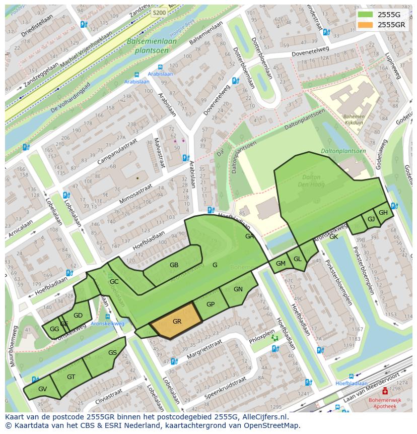 Afbeelding van het postcodegebied 2555 GR op de kaart.