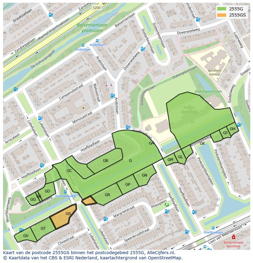 Afbeelding van het postcodegebied 2555 GS op de kaart.