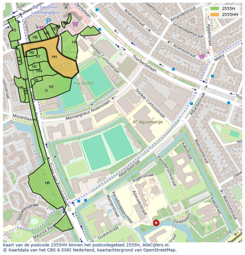 Afbeelding van het postcodegebied 2555 HH op de kaart.