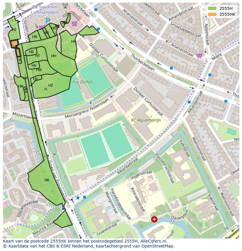 Afbeelding van het postcodegebied 2555 HK op de kaart.