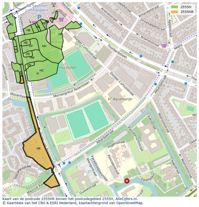 Afbeelding van het postcodegebied 2555 HR op de kaart.