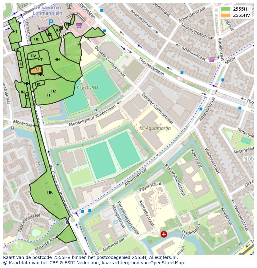 Afbeelding van het postcodegebied 2555 HV op de kaart.