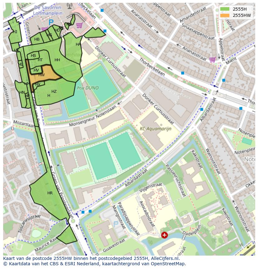 Afbeelding van het postcodegebied 2555 HW op de kaart.