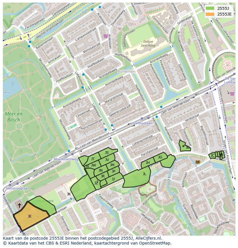 Afbeelding van het postcodegebied 2555 JE op de kaart.