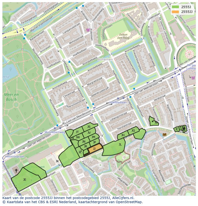 Afbeelding van het postcodegebied 2555 JJ op de kaart.
