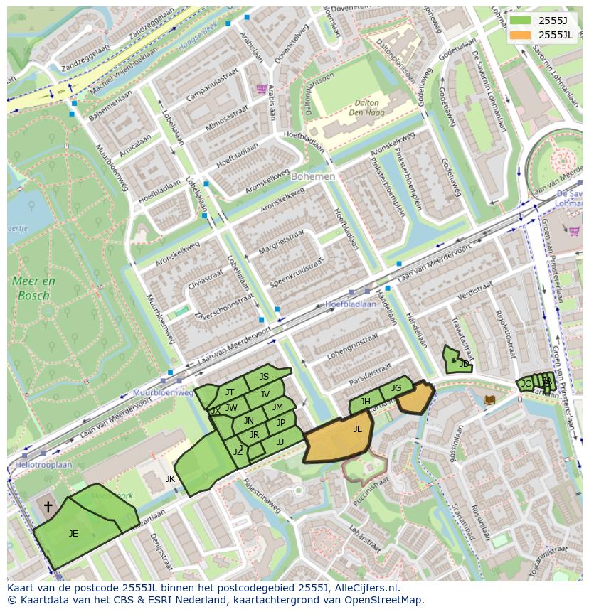 Afbeelding van het postcodegebied 2555 JL op de kaart.