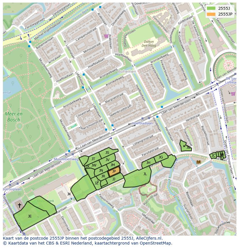 Afbeelding van het postcodegebied 2555 JP op de kaart.