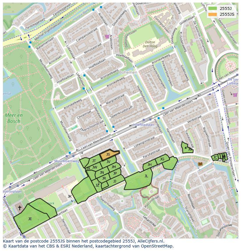 Afbeelding van het postcodegebied 2555 JS op de kaart.