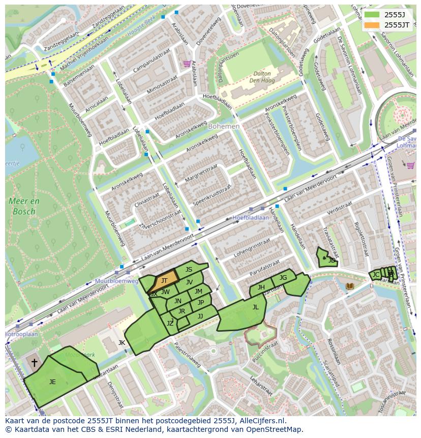 Afbeelding van het postcodegebied 2555 JT op de kaart.