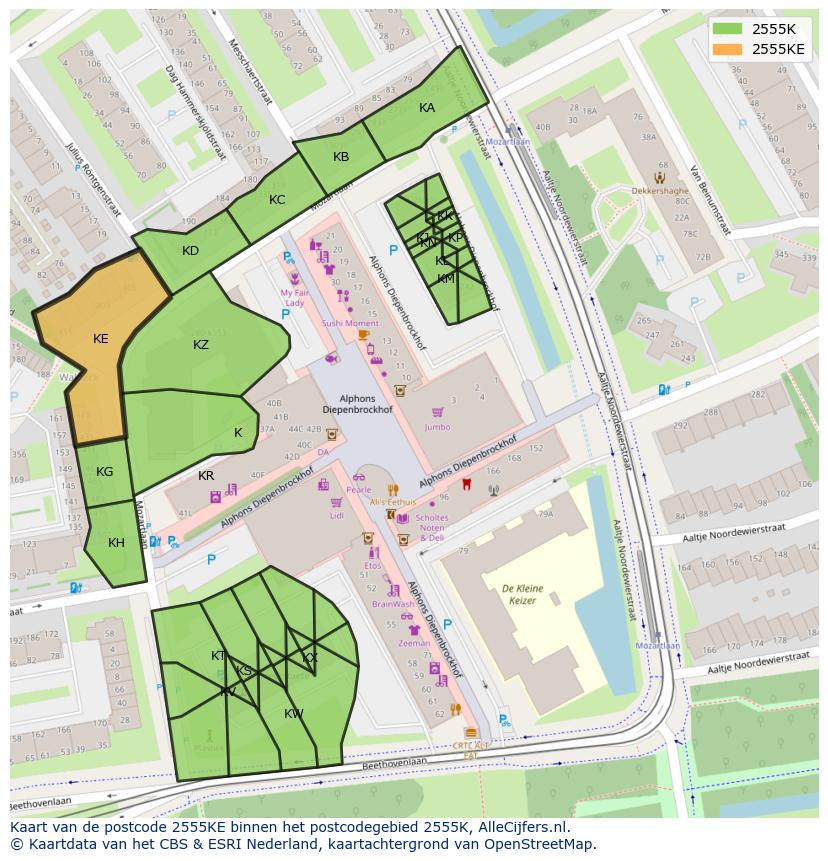 Afbeelding van het postcodegebied 2555 KE op de kaart.