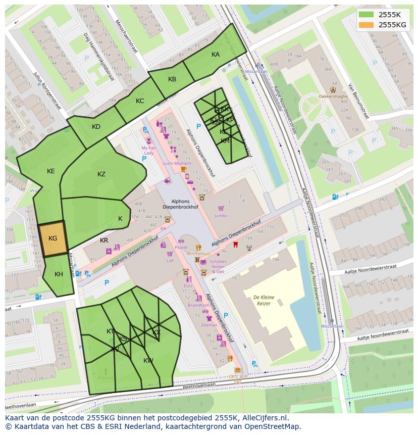 Afbeelding van het postcodegebied 2555 KG op de kaart.