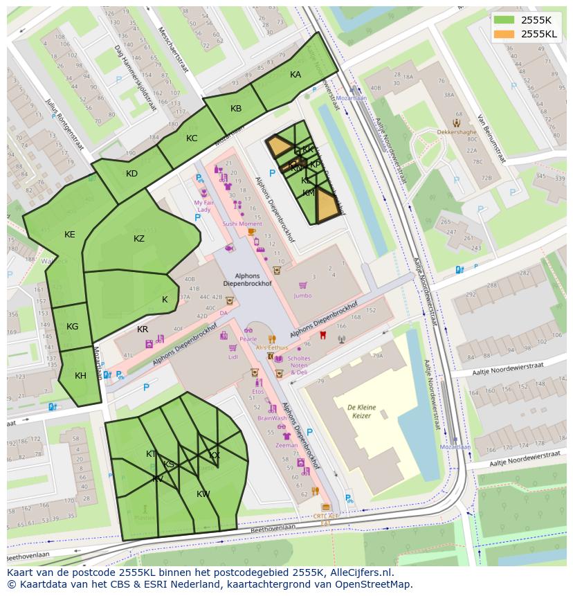 Afbeelding van het postcodegebied 2555 KL op de kaart.