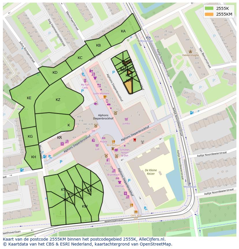 Afbeelding van het postcodegebied 2555 KM op de kaart.