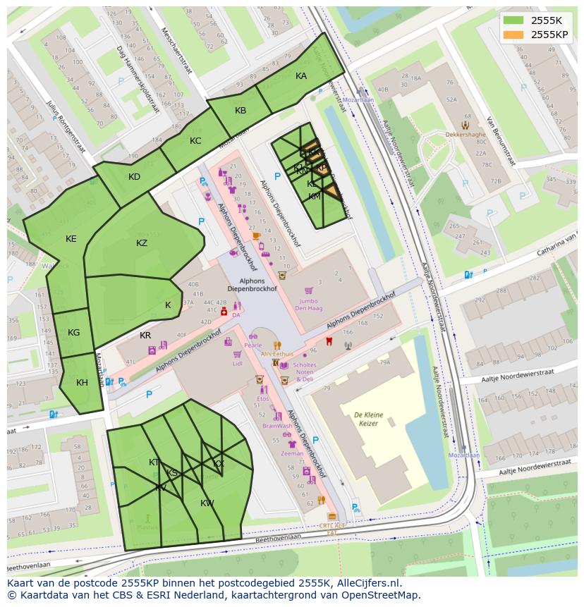 Afbeelding van het postcodegebied 2555 KP op de kaart.