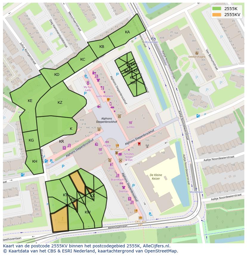 Afbeelding van het postcodegebied 2555 KV op de kaart.