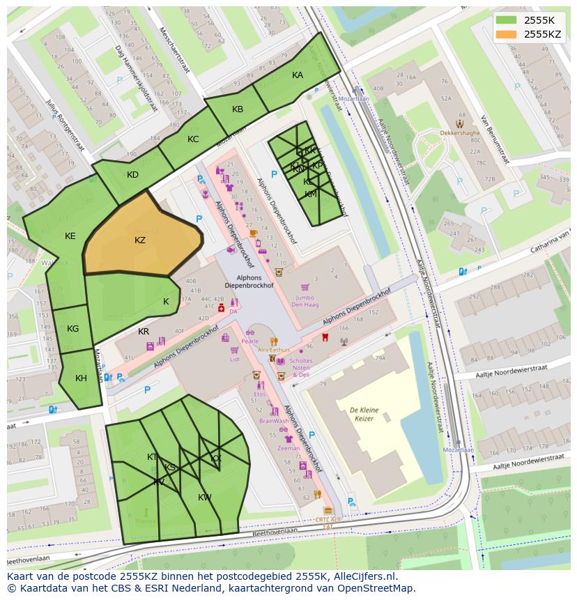 Afbeelding van het postcodegebied 2555 KZ op de kaart.