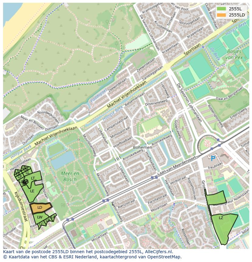 Afbeelding van het postcodegebied 2555 LD op de kaart.