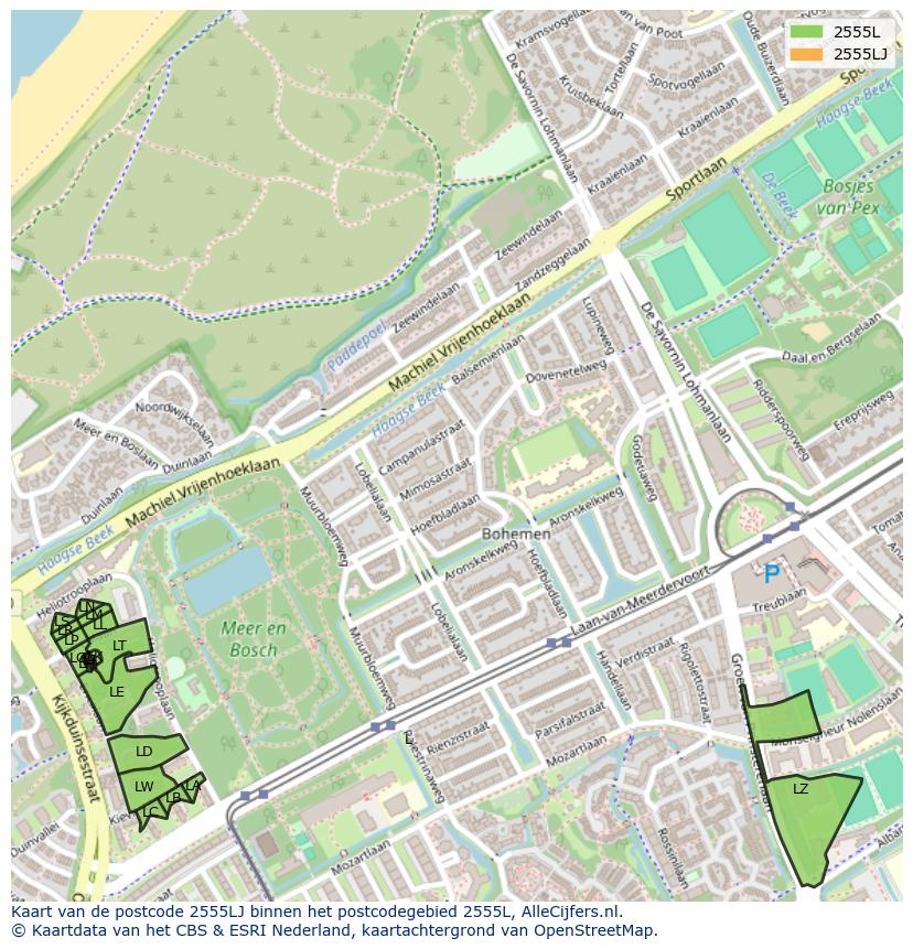 Afbeelding van het postcodegebied 2555 LJ op de kaart.