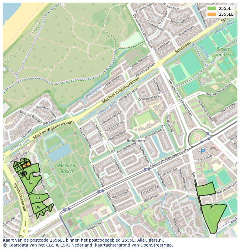 Afbeelding van het postcodegebied 2555 LL op de kaart.