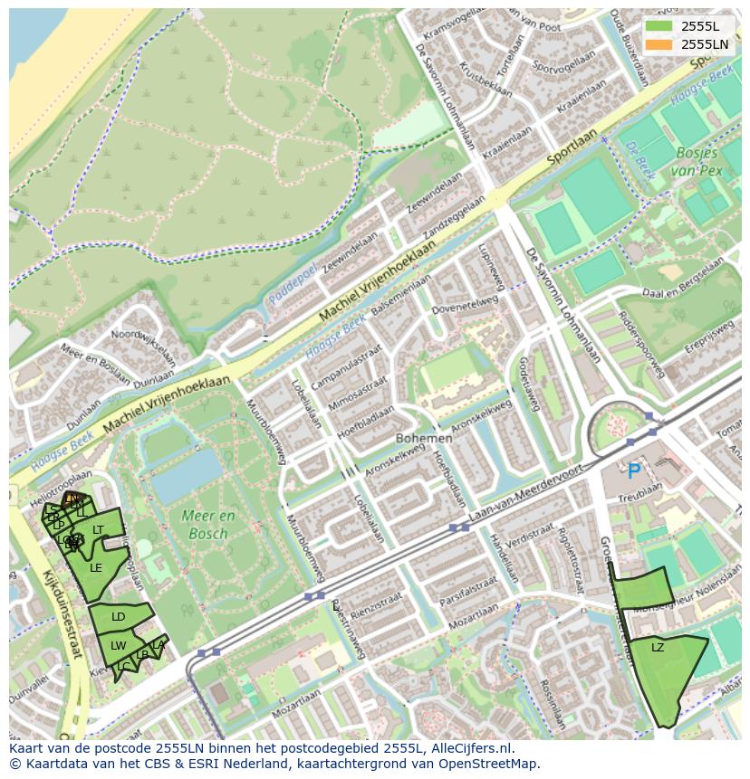 Afbeelding van het postcodegebied 2555 LN op de kaart.